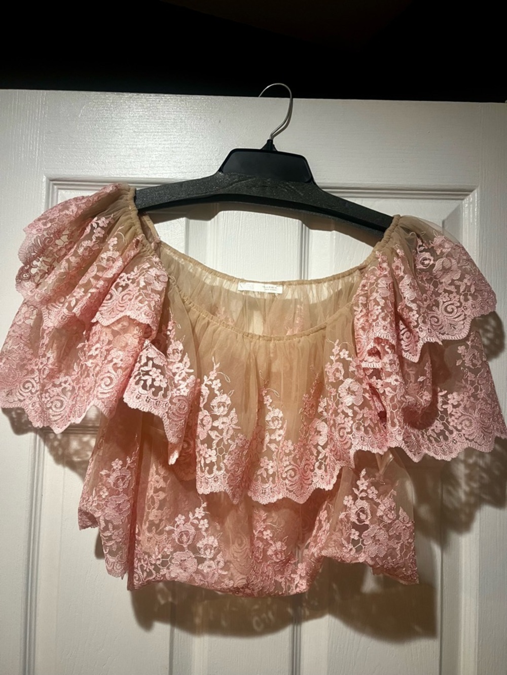 Zara Pink Lace Ruffle Off-Shoulder Blouse